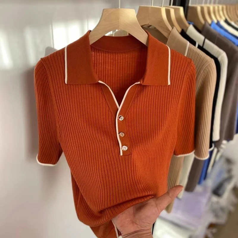OCEANLOVE Stripes Knitted T Shirt for Women Contrast Color Vintage Spring Summer Ropa De Mujer Fashion Simple Short Tees 250619