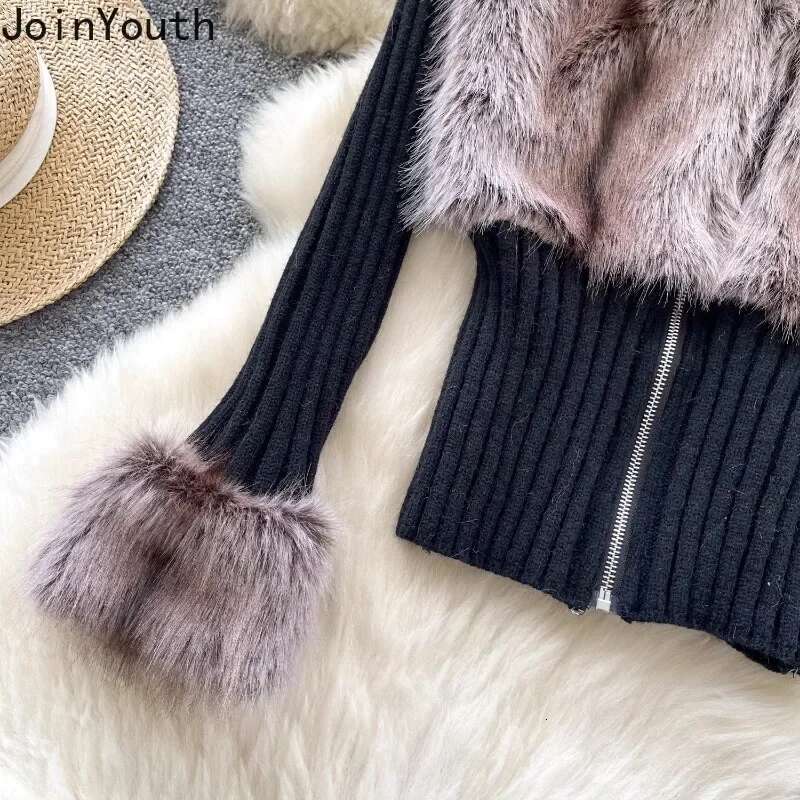 Patchwork Furry Cropped Cardigan Coat Womens Clothing Zipper Slim Fit Sueter Mujre Y2k Tops Fashion Casual Knitting Sweater
