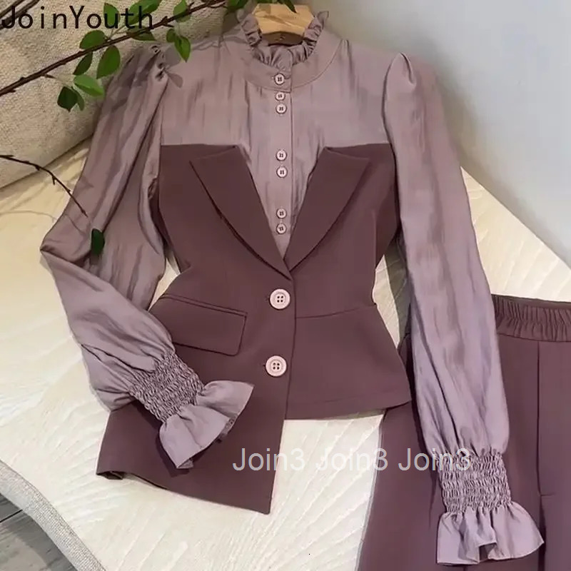 Temperament Pants Outfits Korean 2 Piece Sets for Women Irregular Fake Two Shirt Tunic Pants Suit Roupas Femme Chic Vintage Set