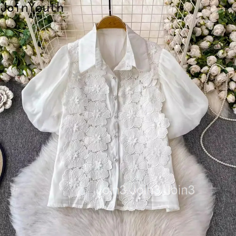 Camisas De Mujer White Blouse for Women 2025 Lace Floral Embroidery Short Sleeve Shirts Vintage Loose Summer Blouses Tops Female