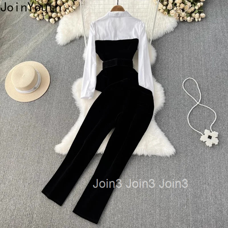 Temperament Outfits Fashion 2 Piece Sets Womens Outfits Patchwork Slim Waist Tops High Waist Tunic Pants Suit Korean Velvet Set