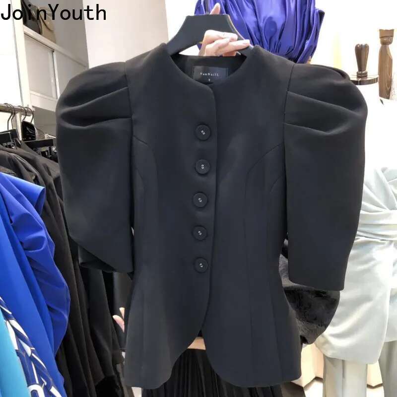Elegant Women Blouses O-neck Puff Sleeve Tunic Shirts Solid Color Single Breasted Temperament Tops 2025 Blusas Mujer De Moda
