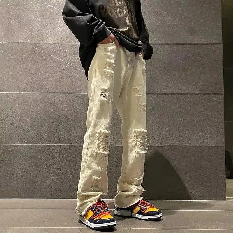 Trousers with Holes Man Cowboy Pants Aesthetic Ripped Mens Jeans Torn Broken Black Straight Trend Loose Cotton Washed Kpop 250617