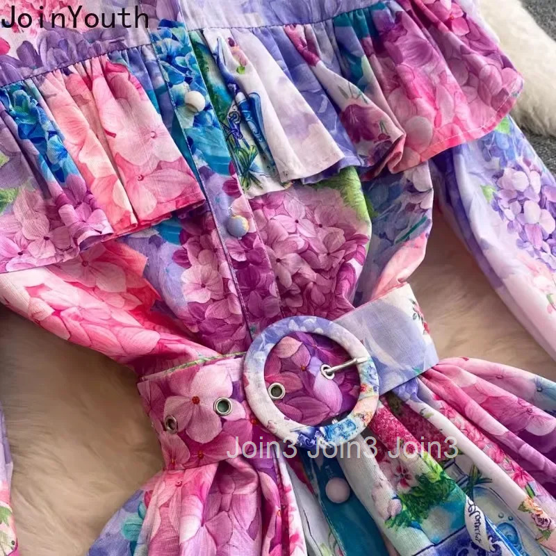 Temperament Woman Dress Floral Summer Robe Femme Stand Neck Lantern Sleeve Ruffles A-line Mini Dresses 2025 Vestidos De Mujer