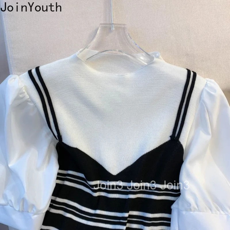 2025 Ropa Mujer Shirts for Women Chic Fake Two Tshirt Patchwork Contrast Color Knitted T Shirts Crop Tops Fashion Summer Tees