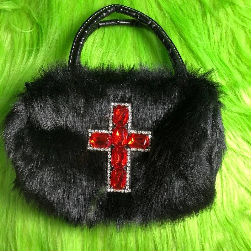 DHGM Xiuya Y2k Gothic Handbag Soft Plush Black Cross Applique Shoulder Fashion Haruku Style Punk Hip Hop Biker Crossbody Bag