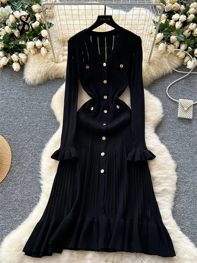 SINGREINY Autumn Office Lady Long Dress Women Winter V Neck Long Sleeves Chic Button Ruffles Sweet Streetwear Knitted Dress 250617