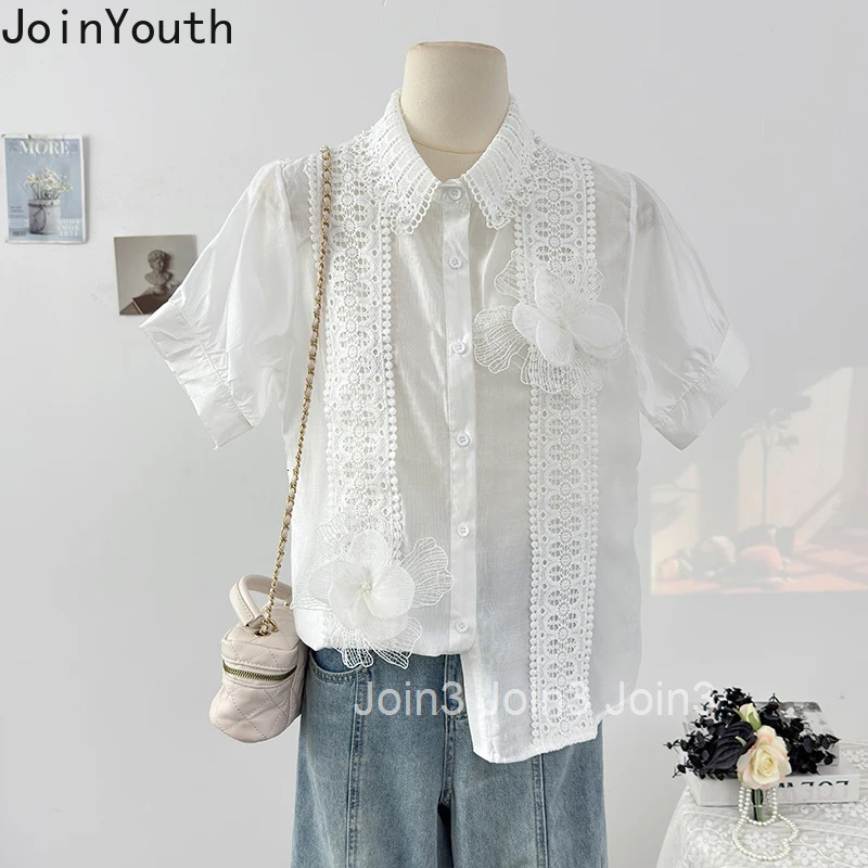 Camisas De Mujer Summer Blouses Women Clothing Beading Floral Short Sleeve Loose Shirts White Tops Patchwork Lace Vintage Blouse