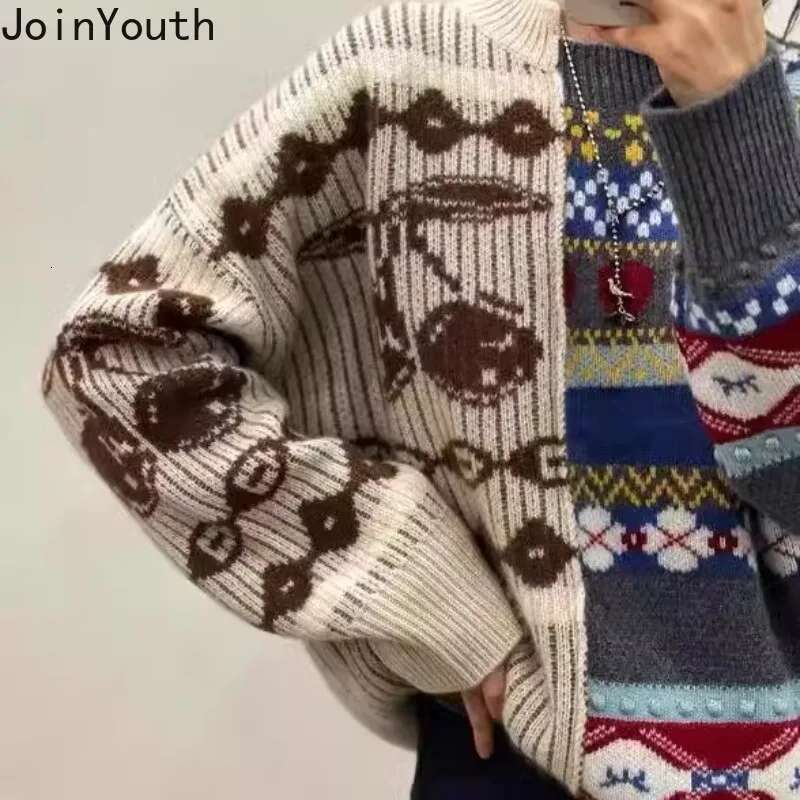 Contrast Color Jumper Vintage Loose Pullovers Womens Clothing O-neck Casual Thicked Knitted Sweater Tops Fashion Sueter Mujer