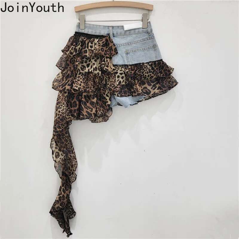 Y2k Skirts for Women 2025 Faldas Mujer De Moda Denim Contrast Color Leopard Saia Chic Summer Jupe Irregular Bodycon Mini Skirt