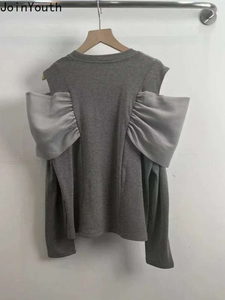 Fashion Woman Tshirts Patchwork Gauze Bow Long Sleeve Tees 2025 Ropa Mujer O-neck Off Shoulder Casual Tops Sexy Y2k T-shirt