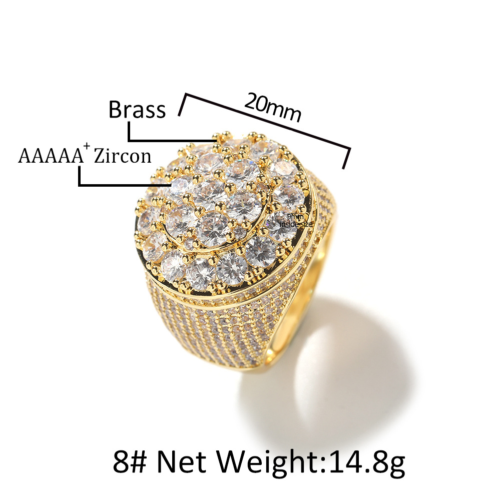 Luxury jewelry men's hip hop ring trend retro copper material real gold electroplated flowers diamond ring personalized accessories