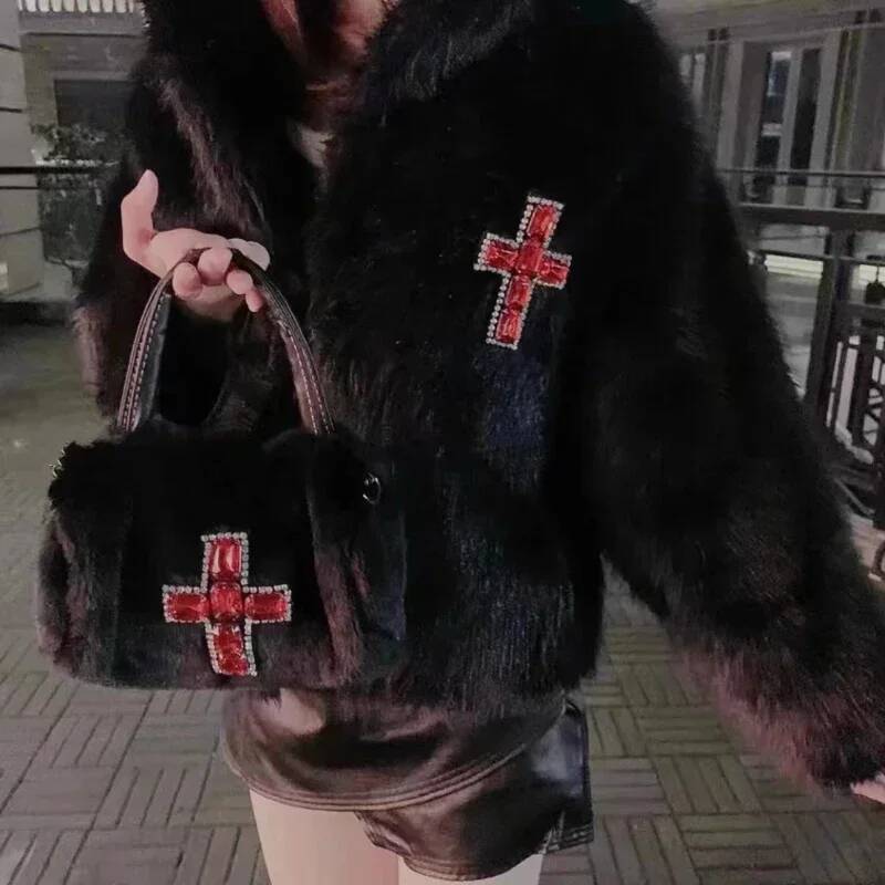 DHGM Xiuya Y2k Gothic Handbag Soft Plush Black Cross Applique Shoulder Fashion Haruku Style Punk Hip Hop Biker Crossbody Bag