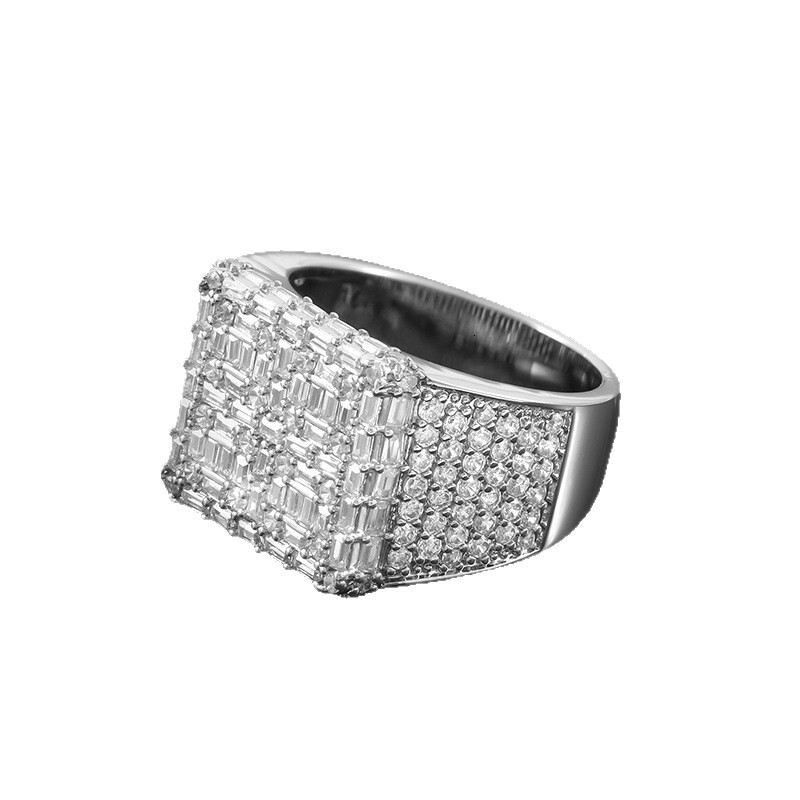 Luxury Moissanite Punk Hip Hop Men's Ring Silver Inlaid Diamond Trendy Unique Design Bold Statement Finger Ring