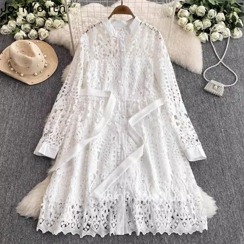 Temperament Robe Femme Vintage Dresses for Women 2025 Vestidos De Mujer Bandage Slim Waist Single Breasted Lace Hollow Out Dress