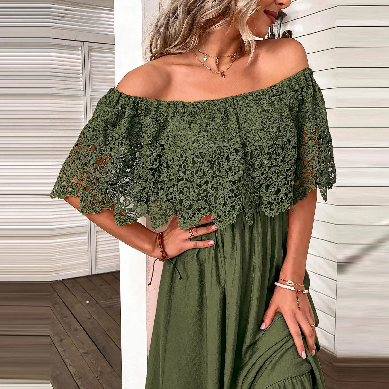 Womens elegant off shoulder long dresses with lace crochet sleeves Maxi ruffle hem summer sasual dress vacation sundresses 250616