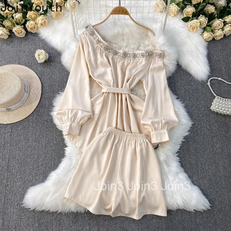 Shorts Outfits Women Clothes 2 Piece Sets Diamond Slasn Neck Long Sleeve Shirts Elastic Waist Shorts Suit Solid Color Summer Set