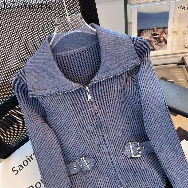 Fashion Cropped Cardigan Jackets Women Y2k Tops Pull Femme Long Sleeve Slim Fit Zipper Sueter Mujer Casual Knitted Sweater Coat