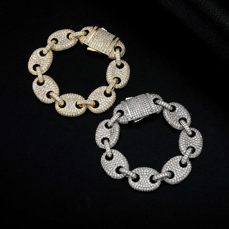 Hip Hop 18mm Large Gold Street Style Exaggerated Cuban Chain Full Dia Pig Nose Spliced Necklace Bracelet
