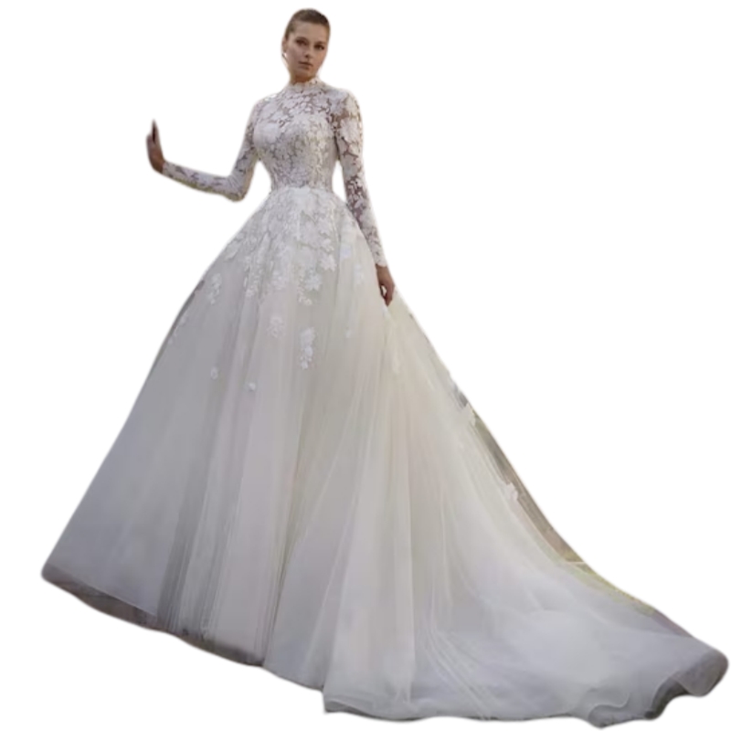 Romantic Floral Lace A-Line Wedding Dresses Lace Appliques Long Sleeves Garden Bridal Gown 2025 Tulle Vestido De Novia