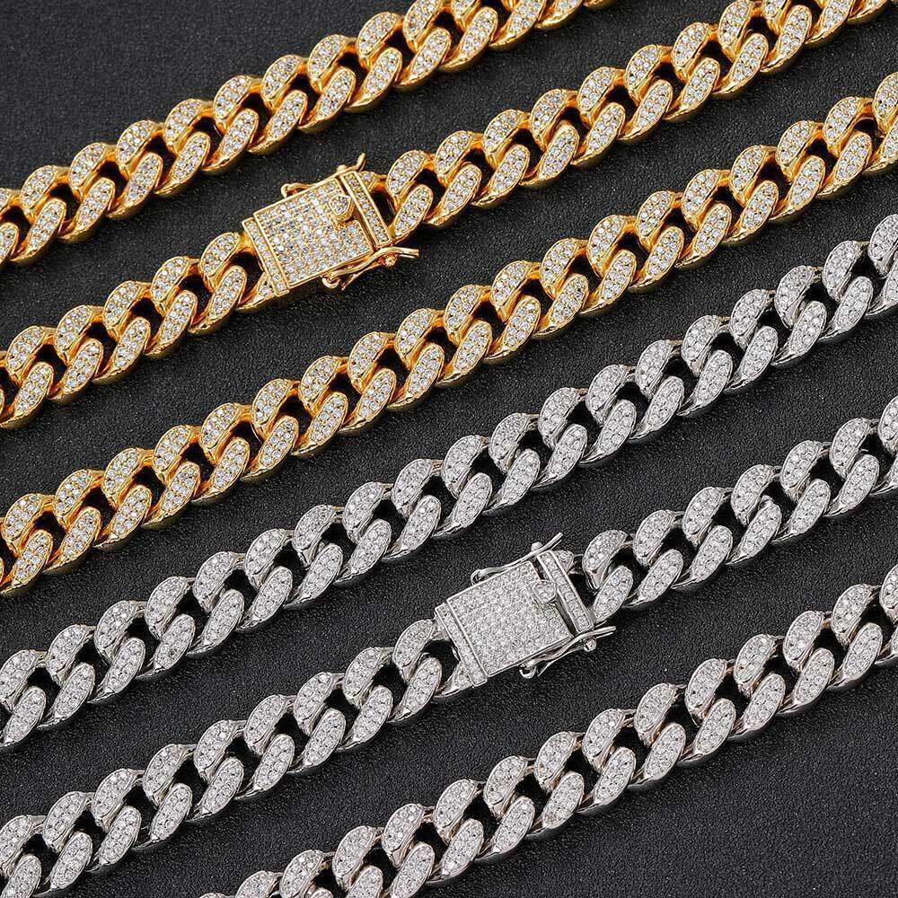 Jewelry 12mm High-Quality Full Dia Cuban Chain Real Gold Plated Hip Hop Men's Necklace Bracelet 4aa7