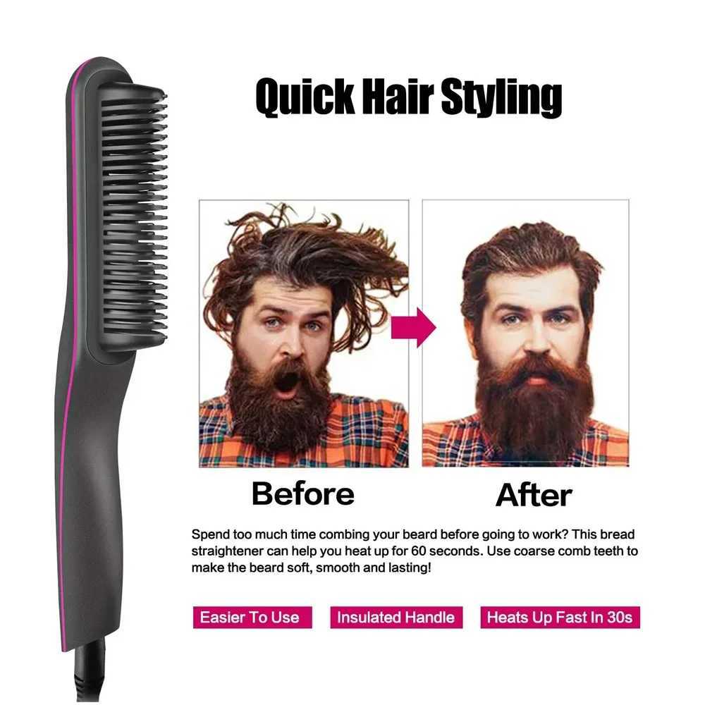 Professional Hair Straightener Brush Anti-Scald Feature Fast Heating Flat Iron Hot Comb Straightening Brush Hair Styler For MenXJ250621