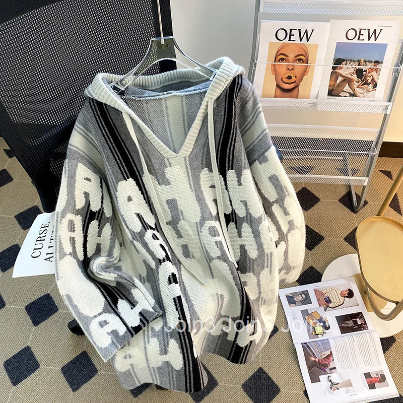 Fashion Striped Sweater Women Sueter Mujer Letter Hooded Jumper Y2k Tops Pull Femme Casual Knitting Oversized Pullovers Coat