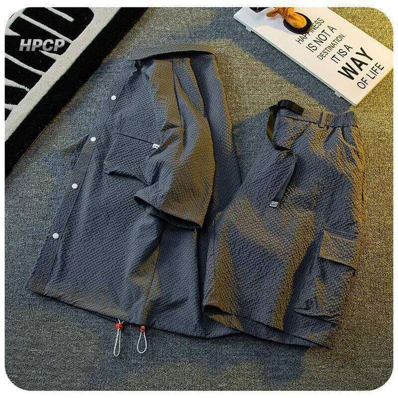 Texture Ice Silk Workwear Suits Men Short Sleeve Shirt And Shorts Two-Piece Set Summer Cool Quick Drying Loose Outfits Oversize