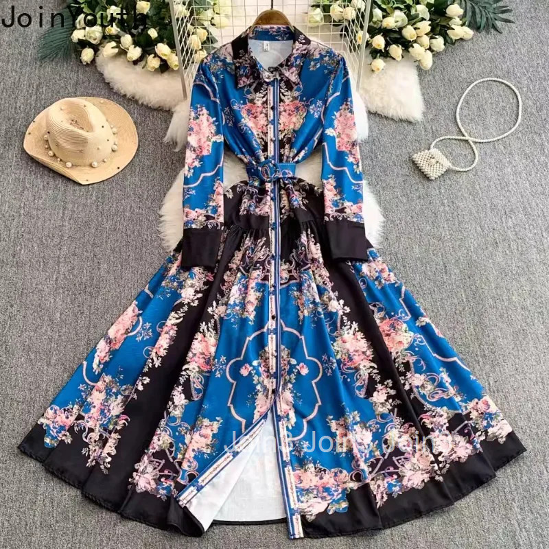 Maxi Dresses Women Clothing 2025 Vestidos De Mujer Single Breasted Floral Big Swing Robe Femme High Waist Vintage Summer Dress