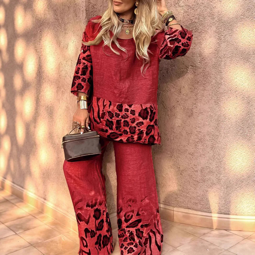 Spring Summer Fashion Leopard Print 2 Piece Set Women Casual Loose Short Sleeves Blouses Wide Leg Pants Two Piece Set Womens 250617