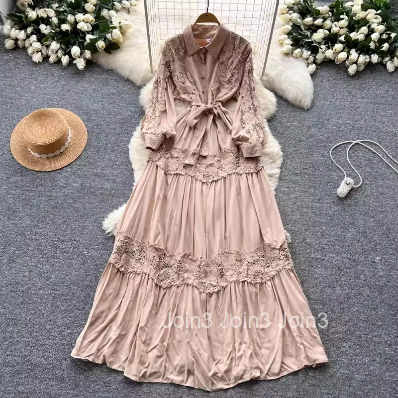 Elegant Dress Womens Clothing Heavy Lace Bandage Tunic Lantern Sleeve Robe Femme Vintage Summer Maxi Dresses Vestidos De Mujer