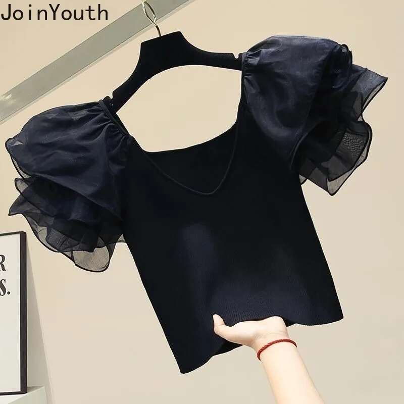 Summer Woman T Shirts V-neck Puff Sleeve Tuic White Tees Crop Tops 2025 Ropa Mujer Fashion Korean Knit Thin Temperament Tshirts