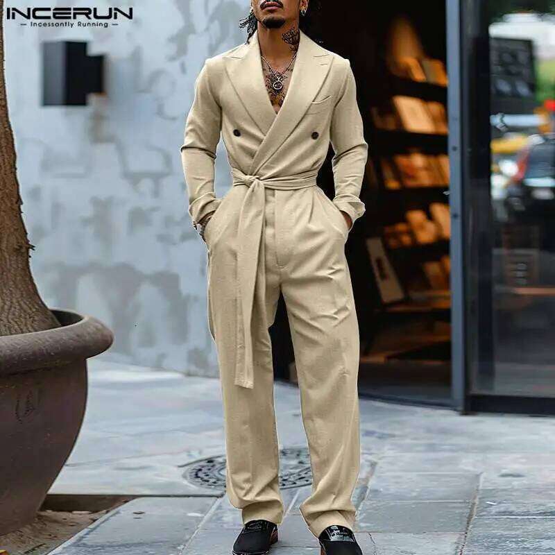 INCERUN 2024 American Style Fashion Jumpsuit Men's Suit Neck Double Breasted Jumpsuits Long Sleeved Casual Rompers S-5Xl