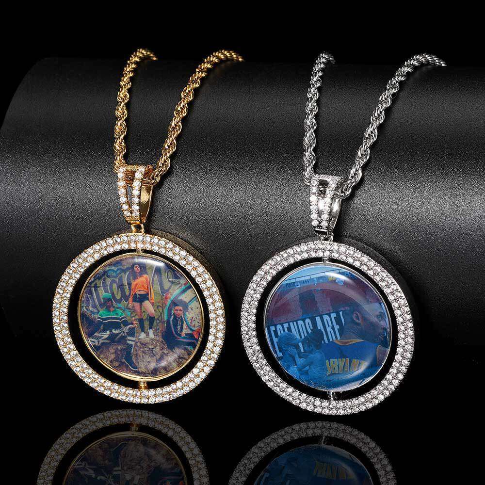 Memory Rotatable Large Double-Sided Round Photo Hip-Hop Pendant Micro-Paved Zircon Hollow Frame Necklace aa09