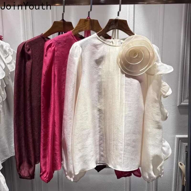 2025 Camisas De Mujer Blouse for Women Temperament Lady Tops O-neck Long Sleeve 3D Floral Shirts Vintage Loose Korean Blouses