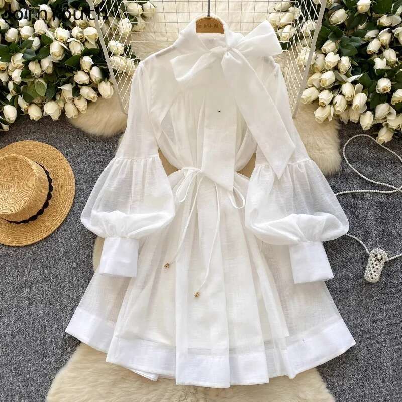2025 Vestidos De Mujer Chic Dress for Women Solid Color Vintage Temperament Robe Femme Lantern Sleeve Bandage A-line Dresses