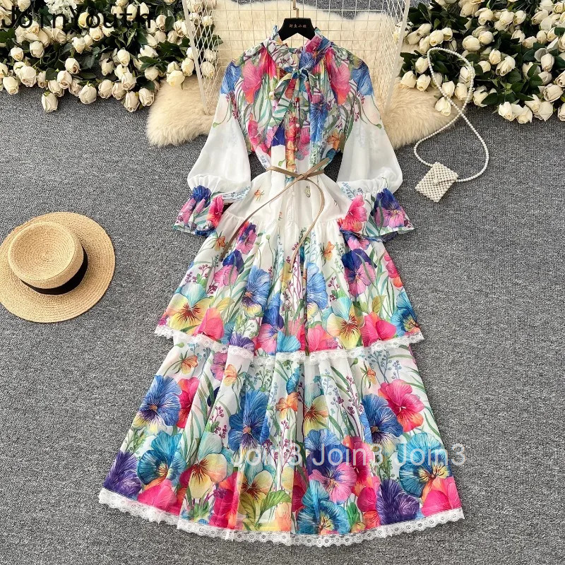 Vintage Maxi Dress Women Clothes Bandage Bow Single Breasted High Waist A-line Robe Femme Patchwork Lace Floral Summer Dresses