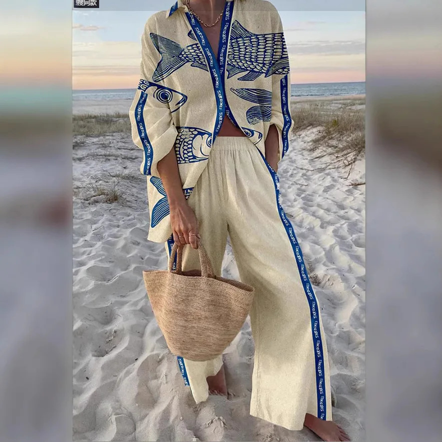 Summer Printed Long Sleeve Shirt Wide Leg Pants 2Piece Outfits Female Beach Holiday Sets 2025 Fashion Women Two Piece Set 250617