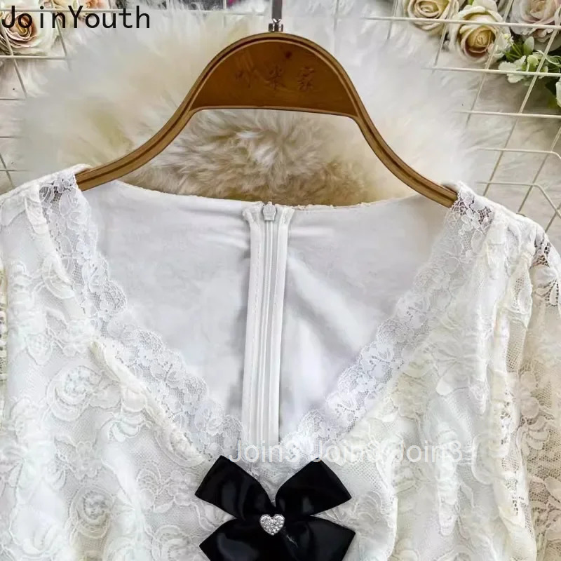 Sweet Woman Dress Slim Waist Slim Fit Korean Robe Femme Patchwork Lace V-neck A-line Temperament Dresses 2025 Vestidos De Mujer