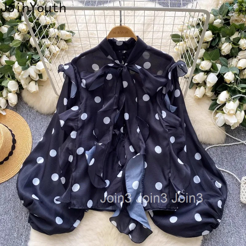 Vintage Blouse for Women 2025 Blusas Mujer De Moda Bandage Bow Lantern Sleeve Polka Dot Shirts Ruffles Chic Summer Blouses Tops