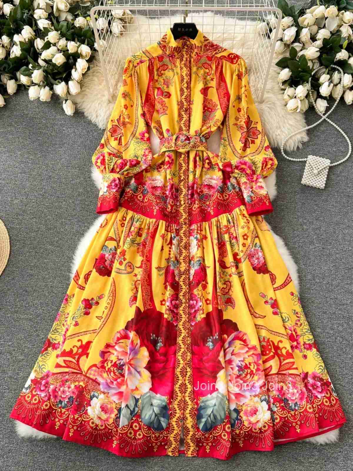 Korean Woman Dress Floral Lantern Sleeve High Waist Robe Femme 2025 Vestidos De Mujer Belt Big Swing Summer Vintage Maxi Dresses