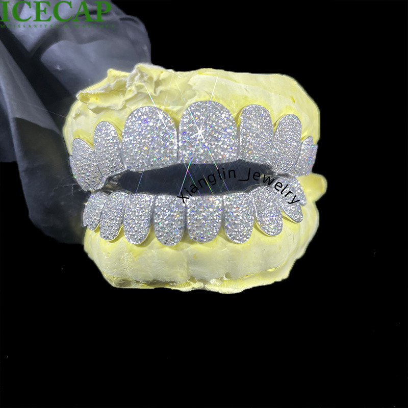 Custom Deep Cut Grillz S925 Silver VVS Moissanite Teeth Hip Hop Style 18K White Gold Honeycomb Setting Diamond Iced Out Grillz