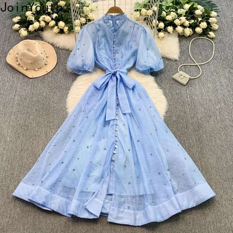 Vintage Dresses for Women Stand Neck Puff Sleeve Big Swing Robe Femme 2025 Vestidos De Mujer Single Breasted Print Summer Dress