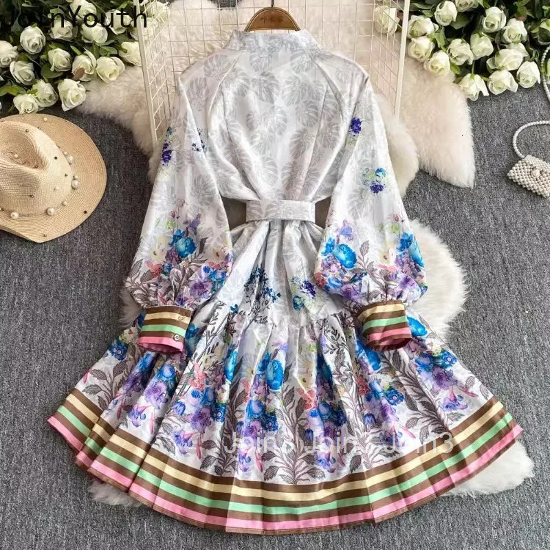 Temperament Robe Femme Vintage Korean Dresses for Women 2025 Vestidos De Mujer Lantern Sleeve Stand Neck A-line Floral Dress