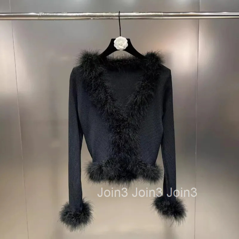 Cropped Cardigan Womens V-neck Long Sleeve Tunic Pull Femme Slim Waist Patchwork Feather Knitted Cropped Sweater Sueter Mujer