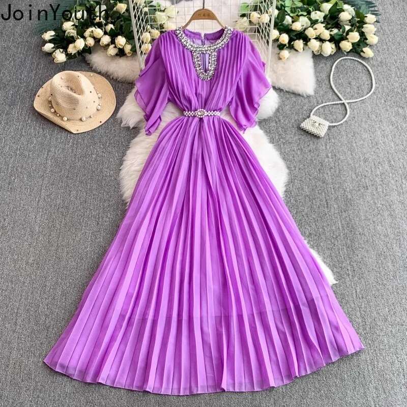 2025 Vestidos De Mujer Summer Dresses for Women Flying Sleeve Slim Waist Chic Robe Femme Heavy Diamond Hollow Out Pleated Dress
