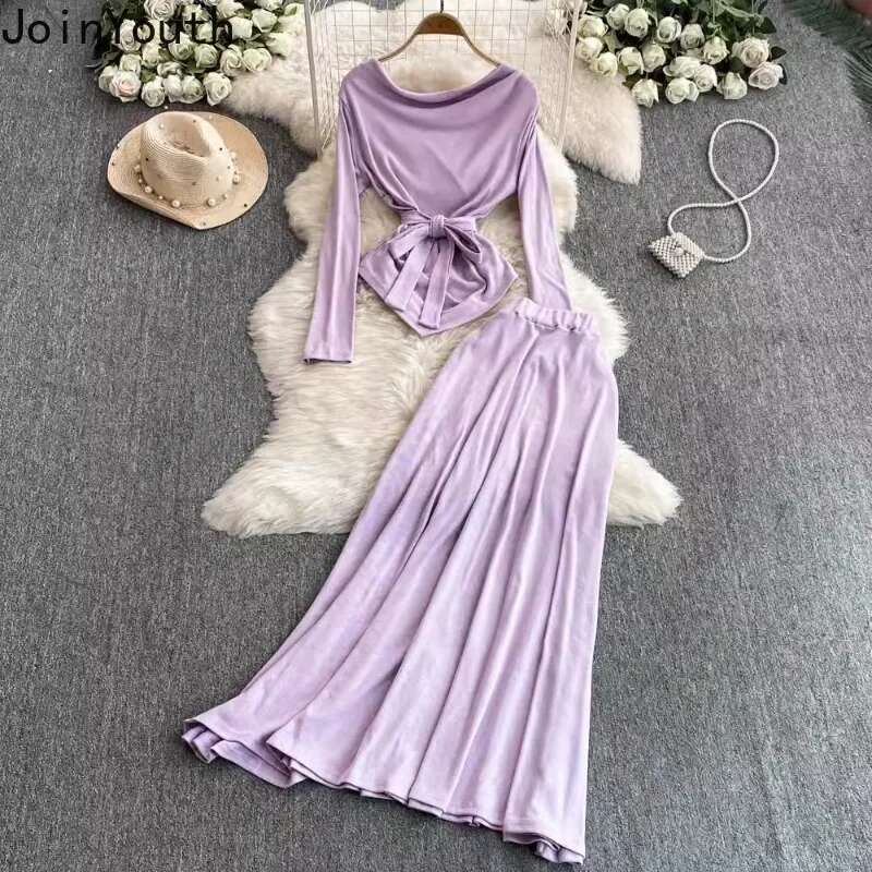 Korean 2 Piece Sets Womens Outfits Roupas Femme Slash Neck Bandage Slim Waist Tops Big Swing High Waist Skirt Suit Summer Set