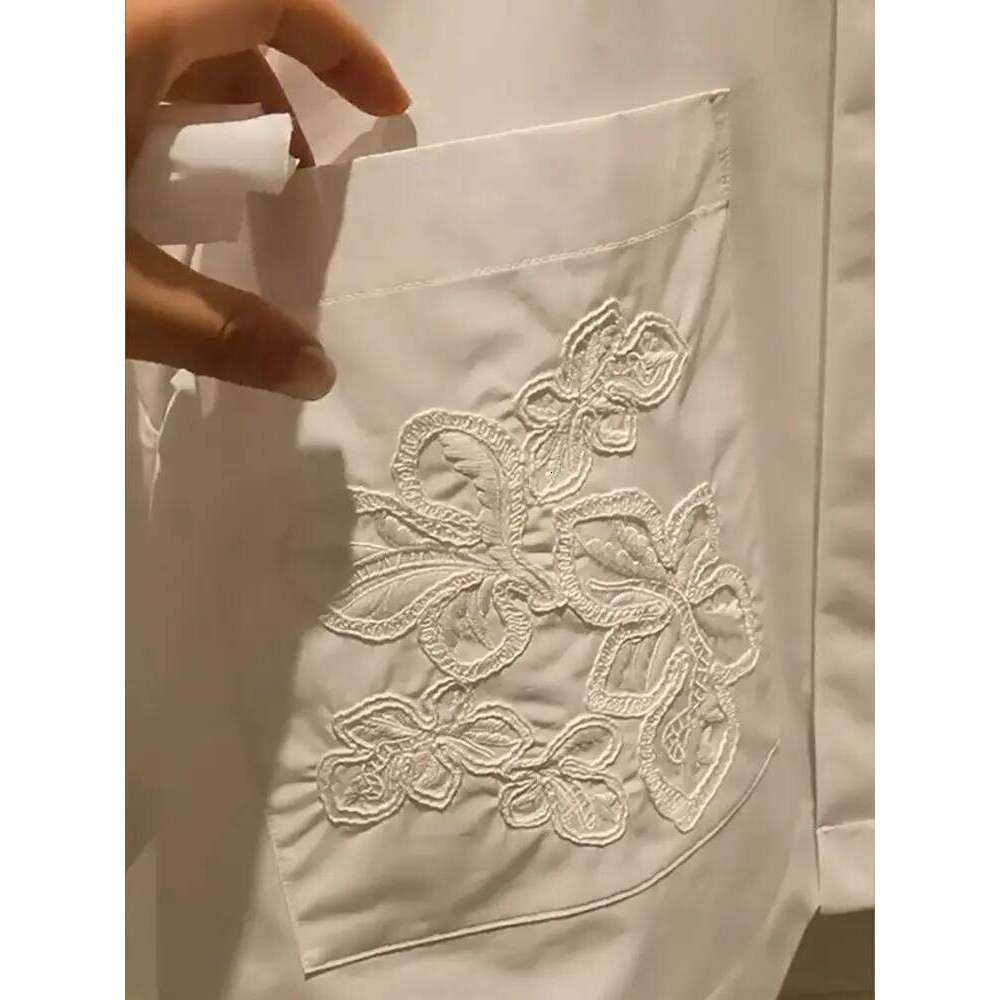 2025 Summer Blouses Half Embroidered Short Top Flip Collar Loose Bat Sleeve White Shirt For Women