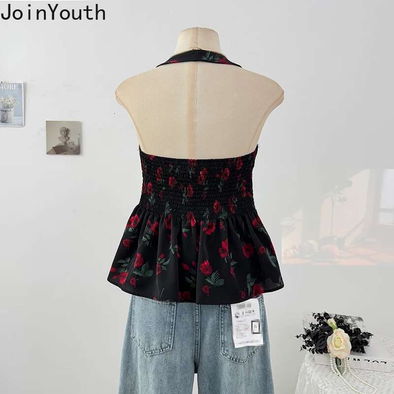 Floral Woman Tanks Folds Backless Sexy Tees 2025 Ropa Mujer Ruffles Summer Camis Fashion Slim Fit Vest Y2k Tops Women Clothing
