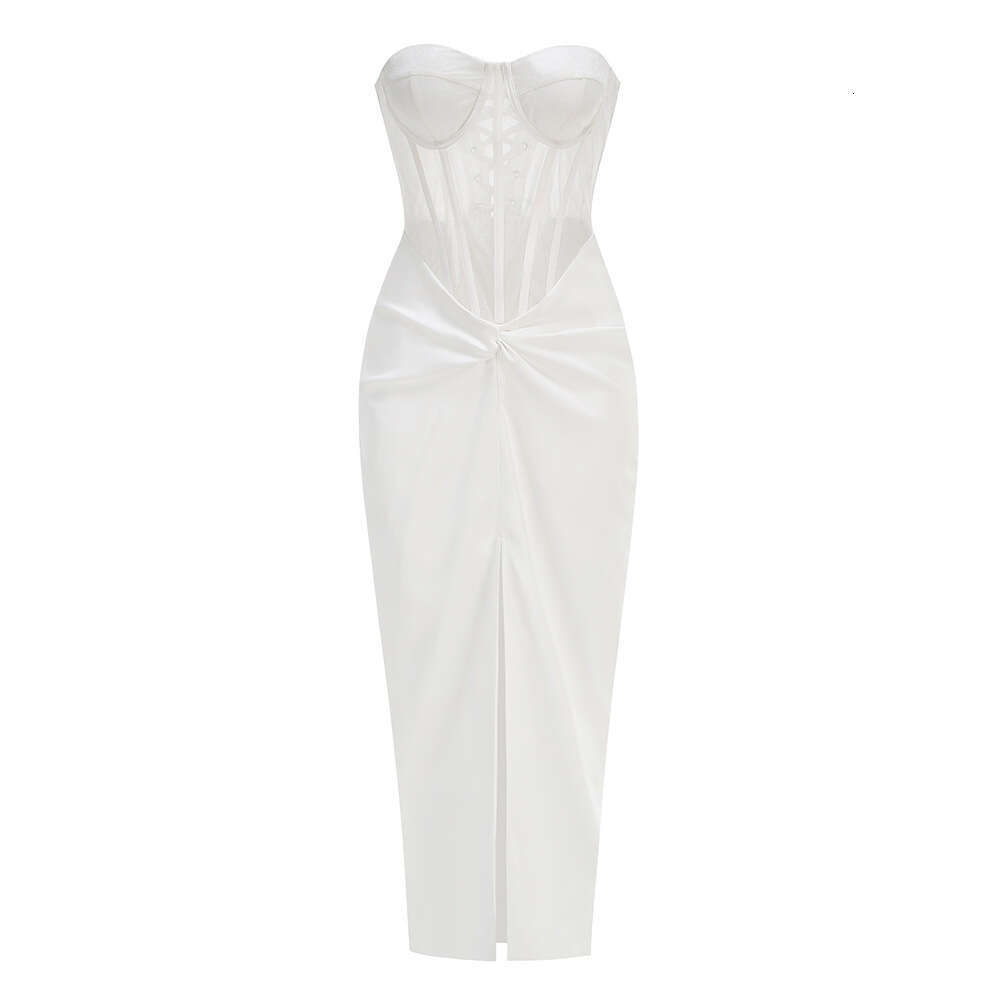 White Skirt Maxi Skirt French Elegant Mature Style Sheer Mesh Fishbone Slimming Satin Split Long Dress Sexy High End Birthday Evening Gown Long Skirt